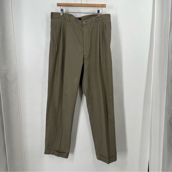 Polo by Ralph Lauren Size 38/32 Pleated and Cuffed 100% Cotton Khaki Trousers - Picture 1 of 9